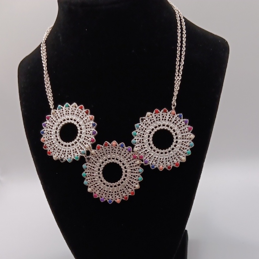 NWT Jillian Michel Silver-Tone Multicolor Triple BOHO/INDIE Medallion Necklace